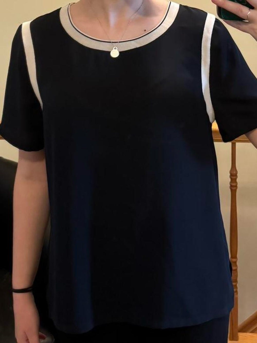 banana republic navy business casual blouse with white piping!